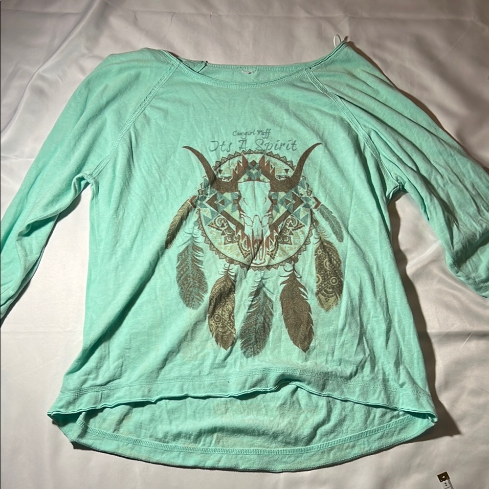 Cowgirl Tuff Mint Green Graphic Top sz Medium